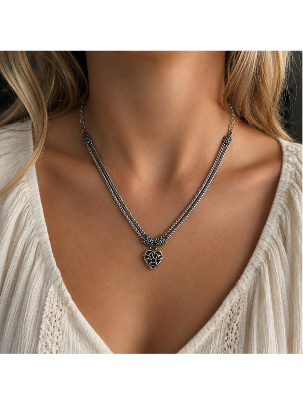 Vintage Brighton Silver Multi-Strand Celtic Heart Pendant Necklace Retired F26